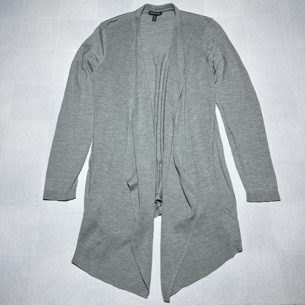 Eileen Fisher Merino Wool Cardigan Womens Large Gray Open Front Draped Pockets
